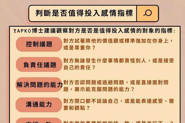 進入承諾關係前，五個指標評估伴侶是否適合的對象 ​